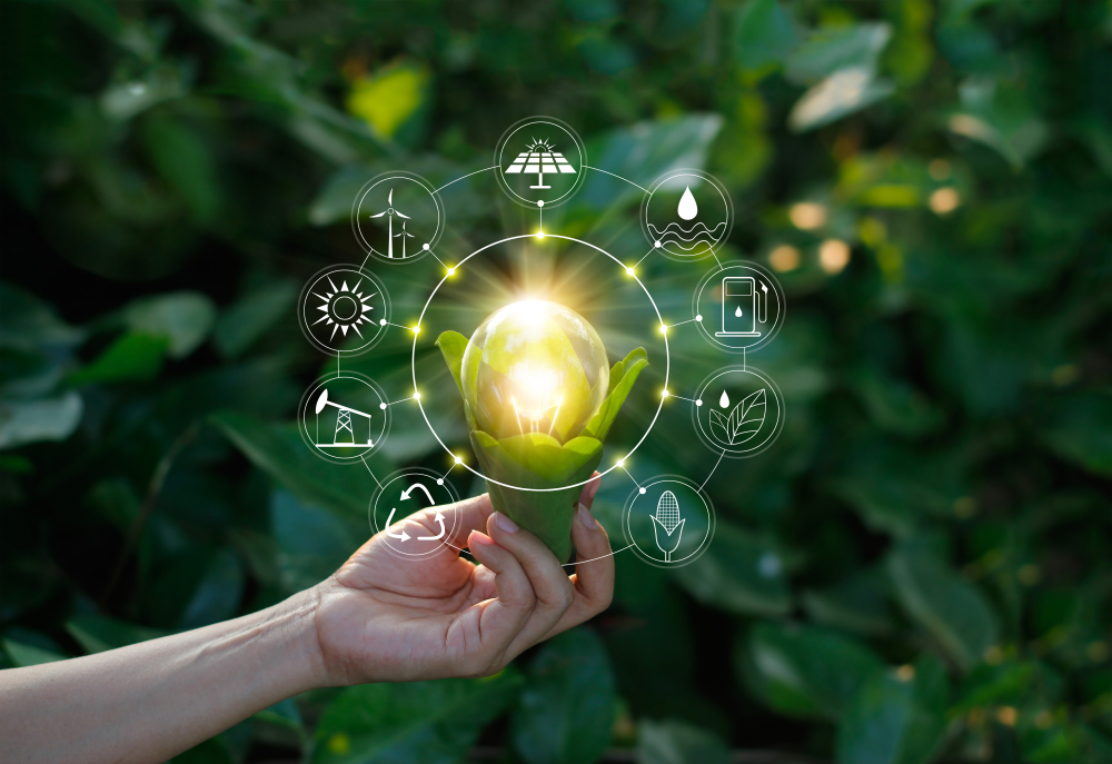 Shutterstock_767486674 Hand holding light bulb against nature on green leaf with icons energy sources for renewable, sustainable development. Ecology concept. Elements of this image furnished by NASA.