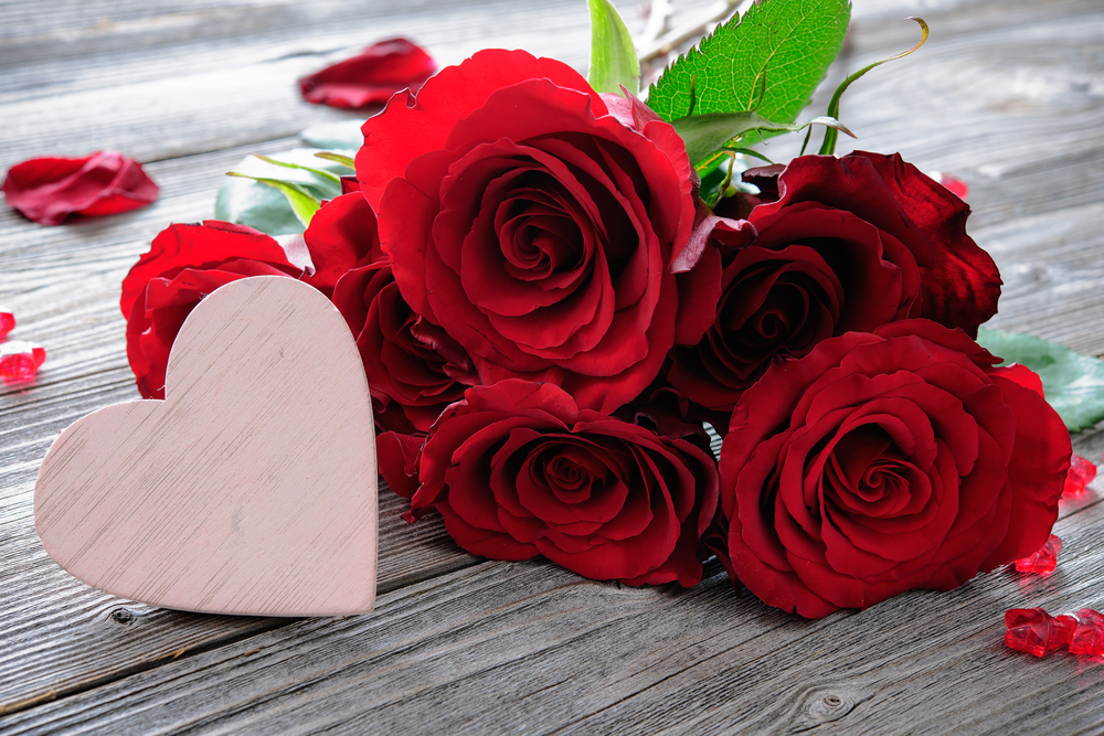Shutterstock_362450165 Red roses and heart on wooden planks. Valentines day background